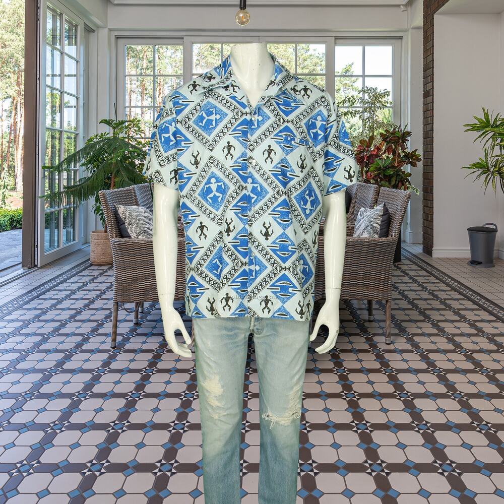 Vintage Lauhala Aloha Tropical Tribal Star Print Hawaiian Button Down Camp Shirt